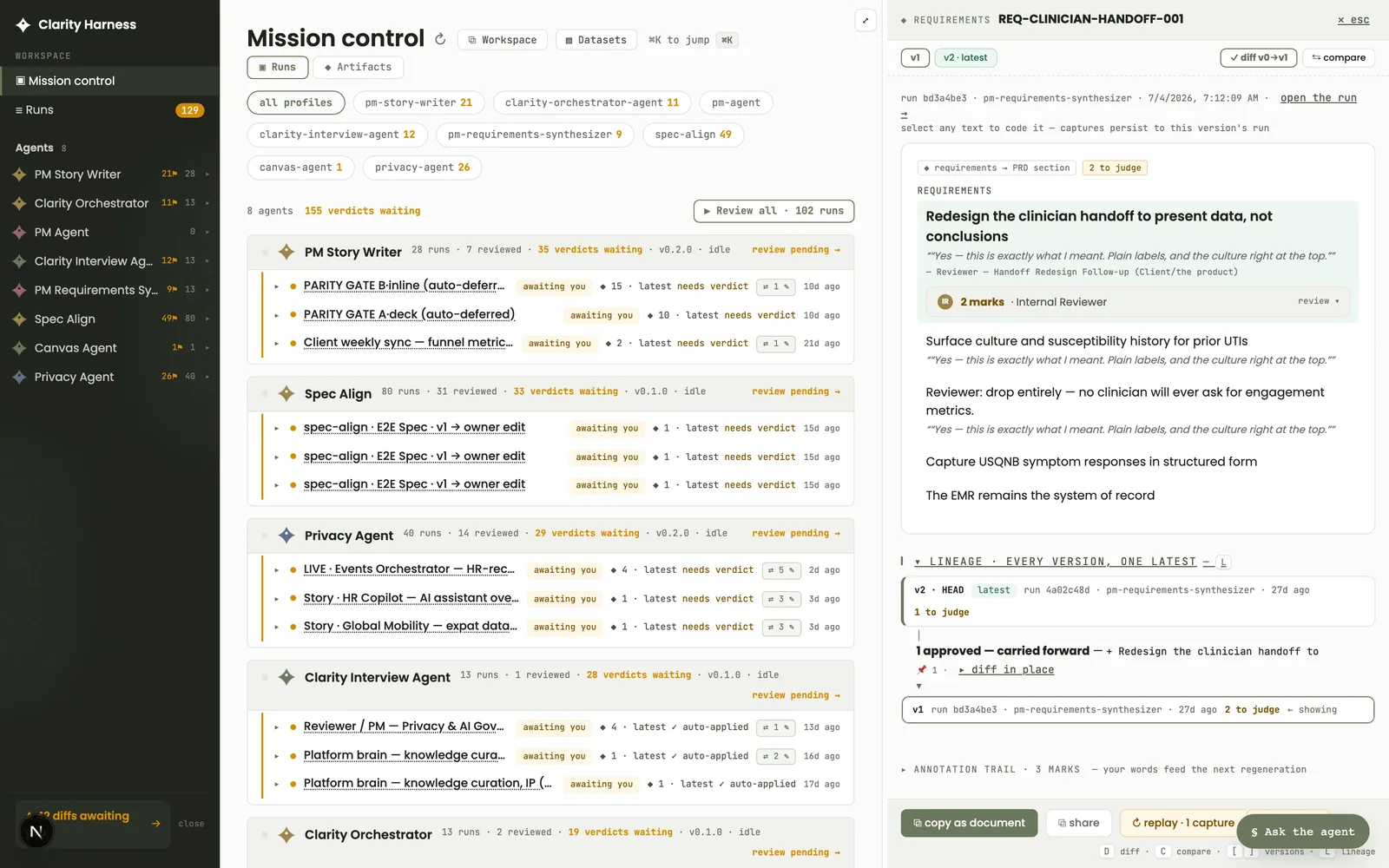 Clarity Harness Mission Control — agent roster with verdicts waiting and a requirement review panel with version lineage